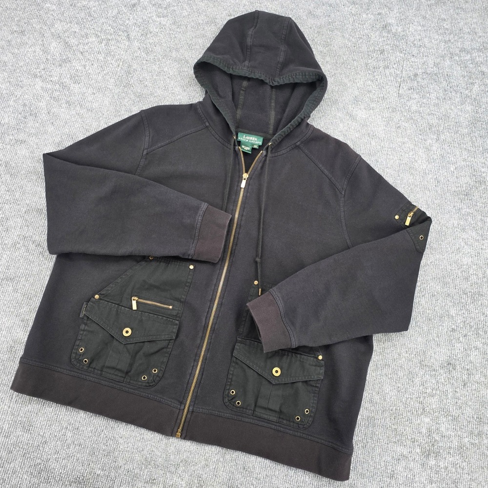 Lauren Ralph Lauren Black Cotton Utility Cargo Full Zip Hoodie Womens 2X
